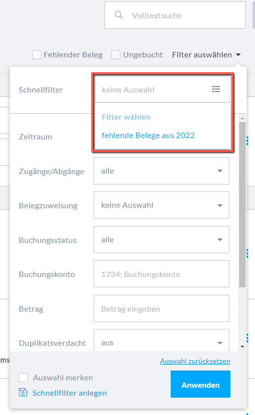 Schnellfilter auswählen und anwenden