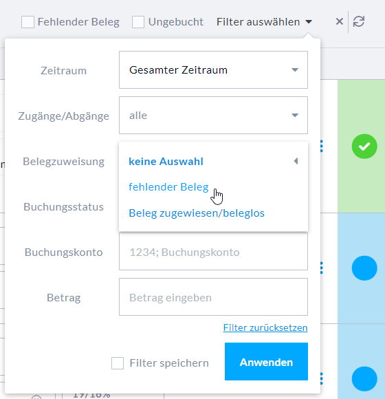 Filter für fehlende Belege in der Zahlungsübersicht