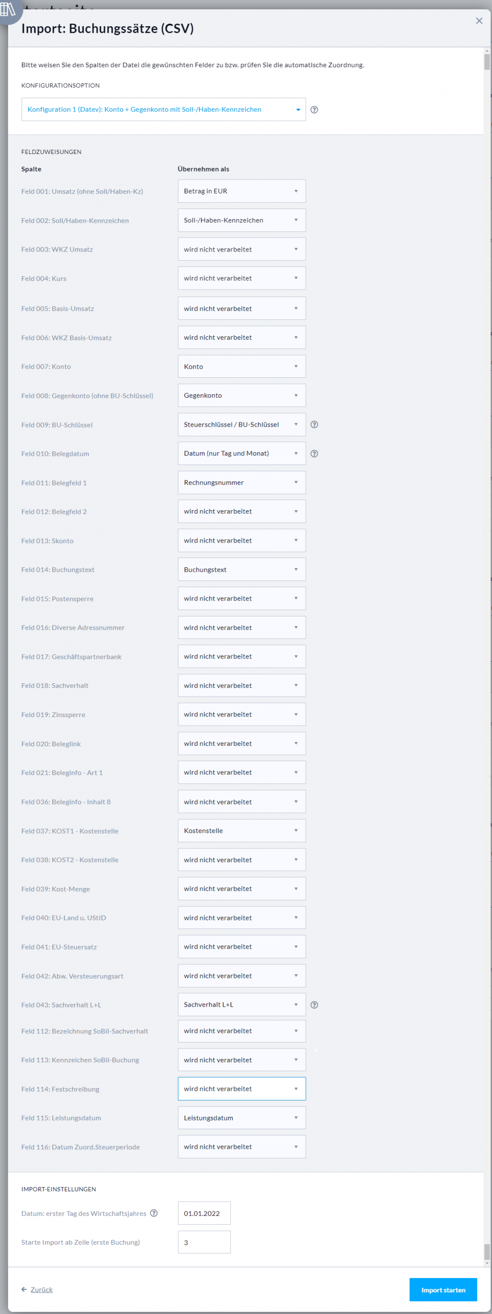 Beispiel der Spaltenzuordnung in Nuumera bei einem DATEV-Import