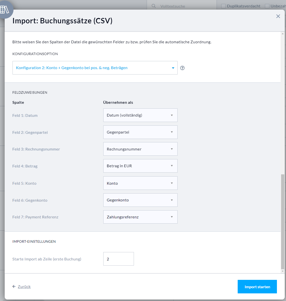 Zuweisung der Spalten