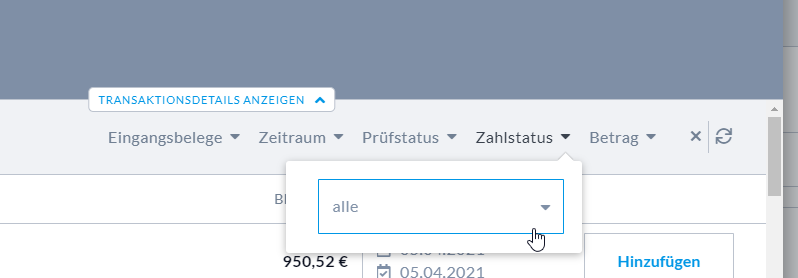 Filtereinstellung für Teilzahlungen
