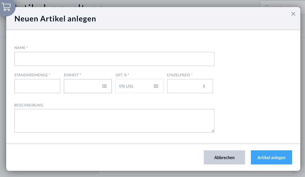 Eingabemaske Artikeldetails