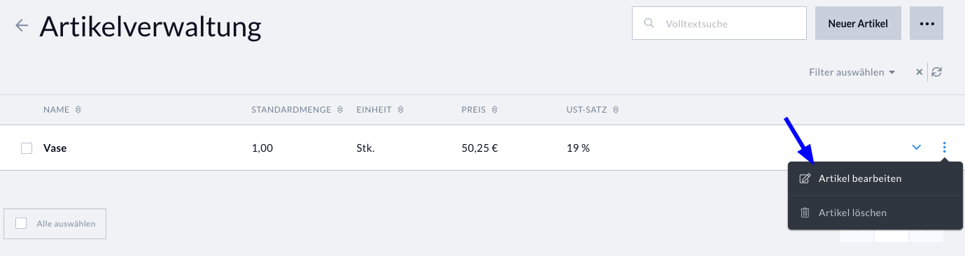 Artikel Optionen Menü