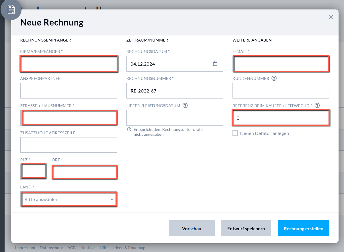Pflichtfelder E-Rechnung