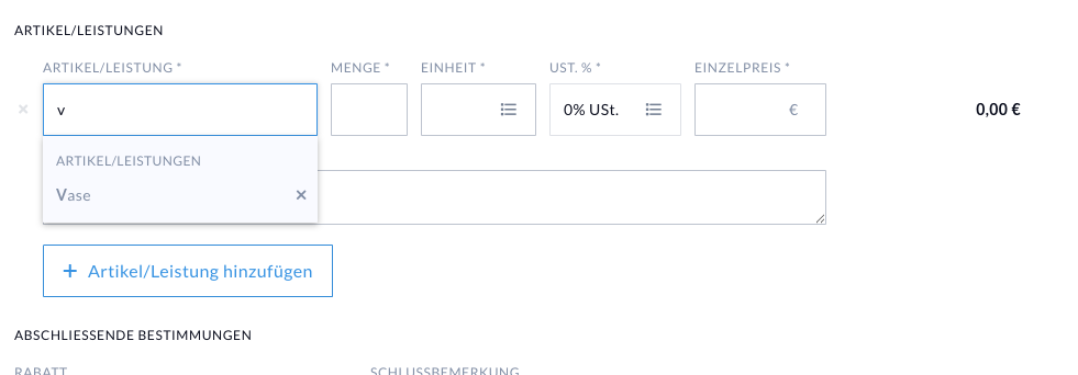Autovervollständigung in Rechnung