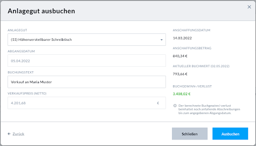 Detailangaben zur Anlagegutausbuchung