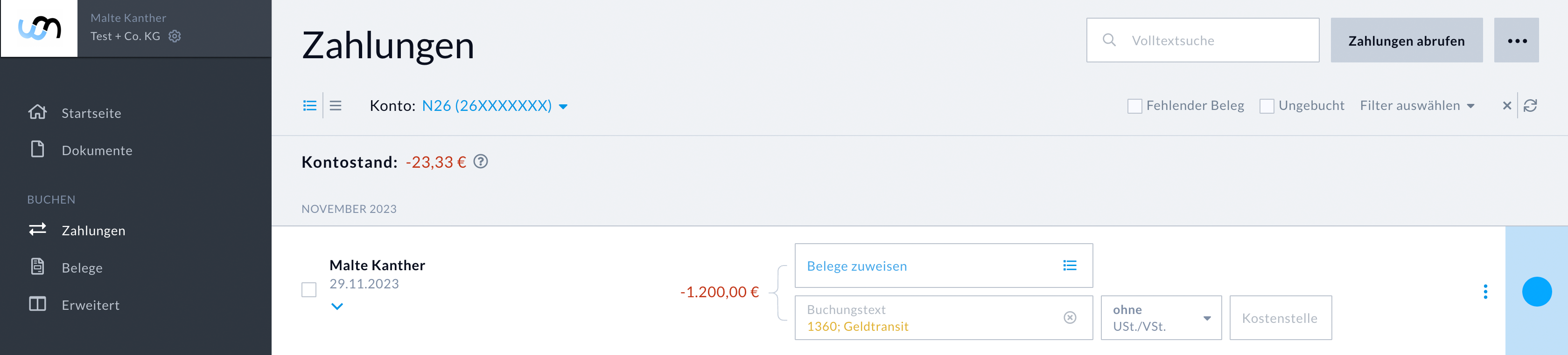 Im Screenshot sehen Sie die Ansicht in Nuumera im Beriech Zahlungen ohne Filtereinstellungen. Die letzte importierte Zahlung befindet sich ganz oben und das Datum kann einfach abgelesen werden.