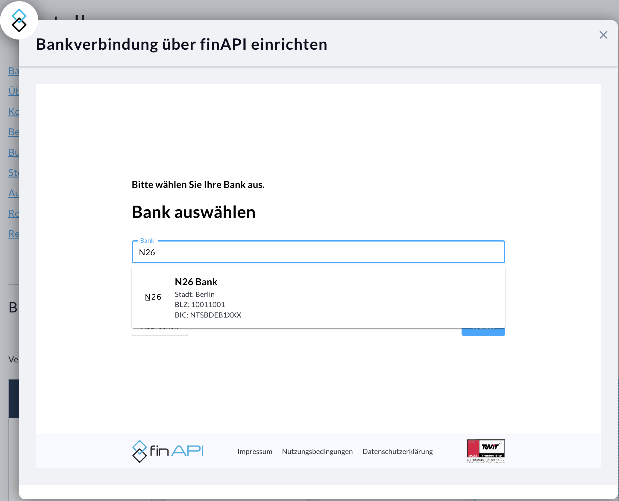 Hier sehen Sie das Fenster mit dem Suchfeld und der Liste der Banken, bei der Anbindung der Bank über finAPI innerhalb von Nuumera