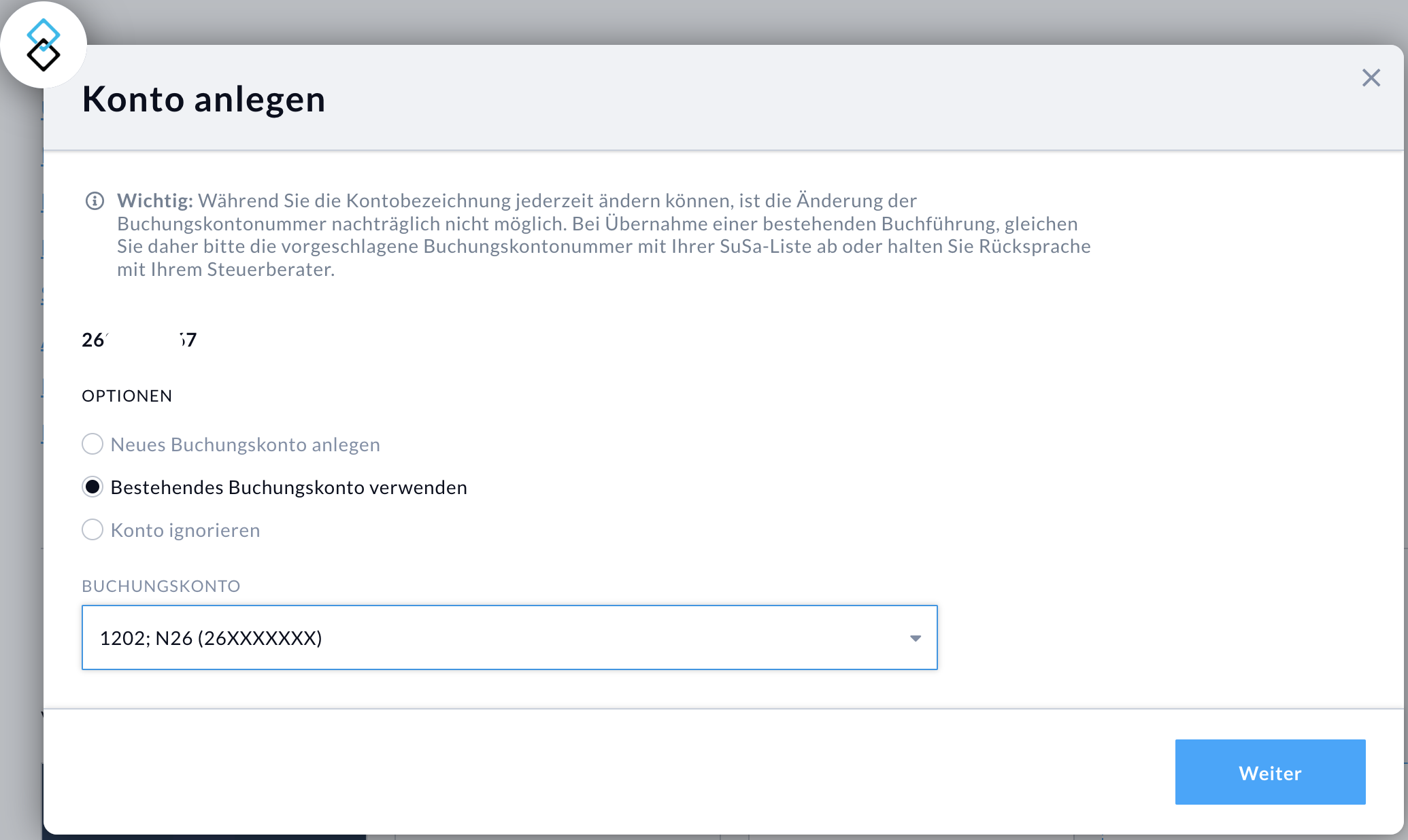 Hier sehen Sie die Stelle im Prozess der Bankenanbindung über finAPI in Nuumera an dem Sie die Auswahl treffen können, welche Option bei der Festlegung des Buchungskontos gewählt werden soll.