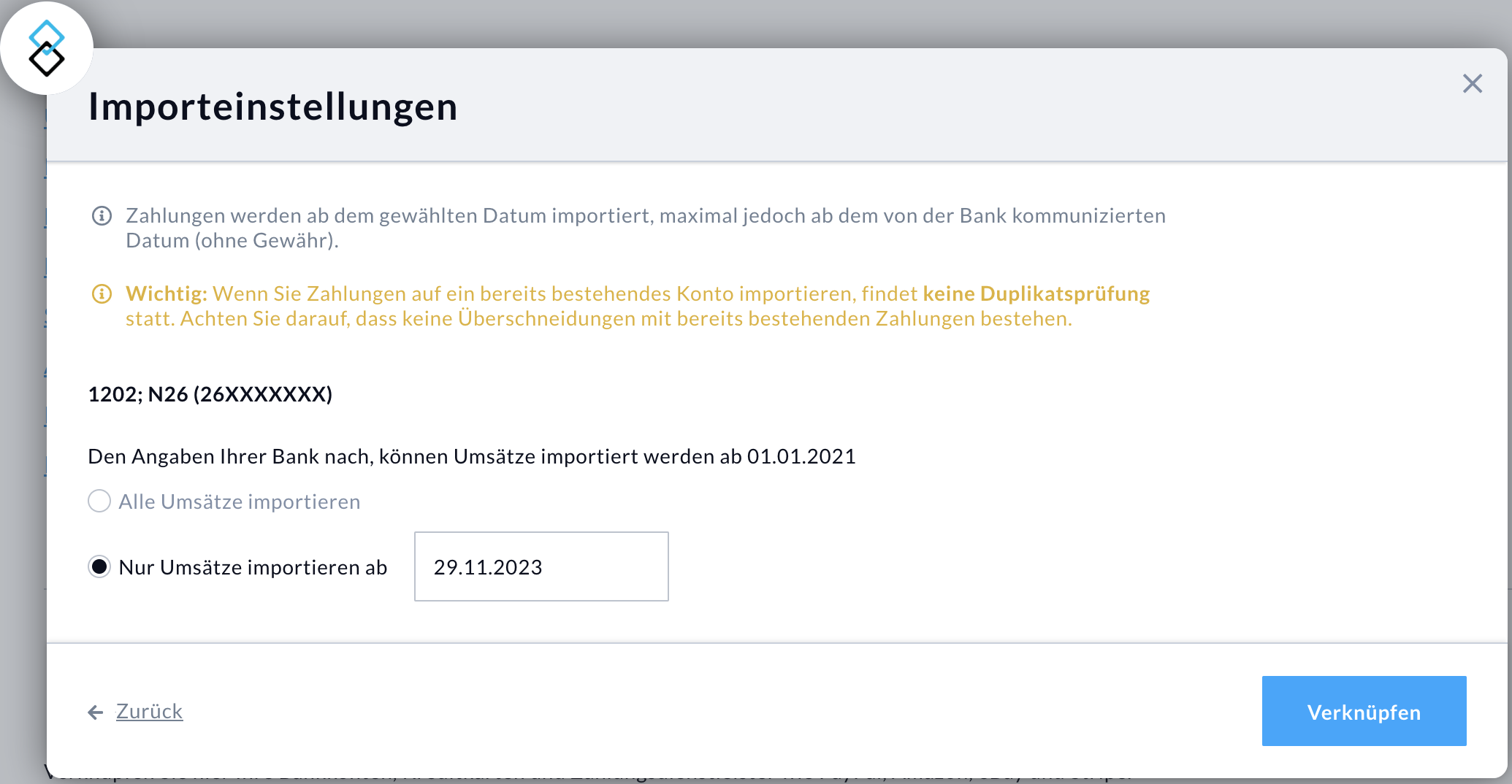 Hier sehen Sie im Prozess der Bankenanbindung über finAPI in Nuumera das Fenster, in dem Sie den entsprechenden Importzeitraum festlegen können.
