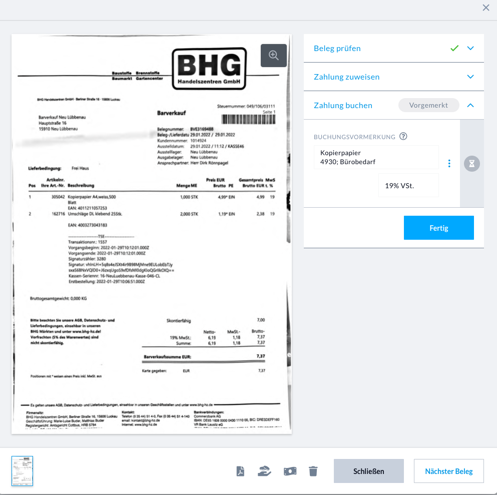 Detailansicht eines Belegs in Nuumera mit der Möglichkeit der Buchungsvormerkung
