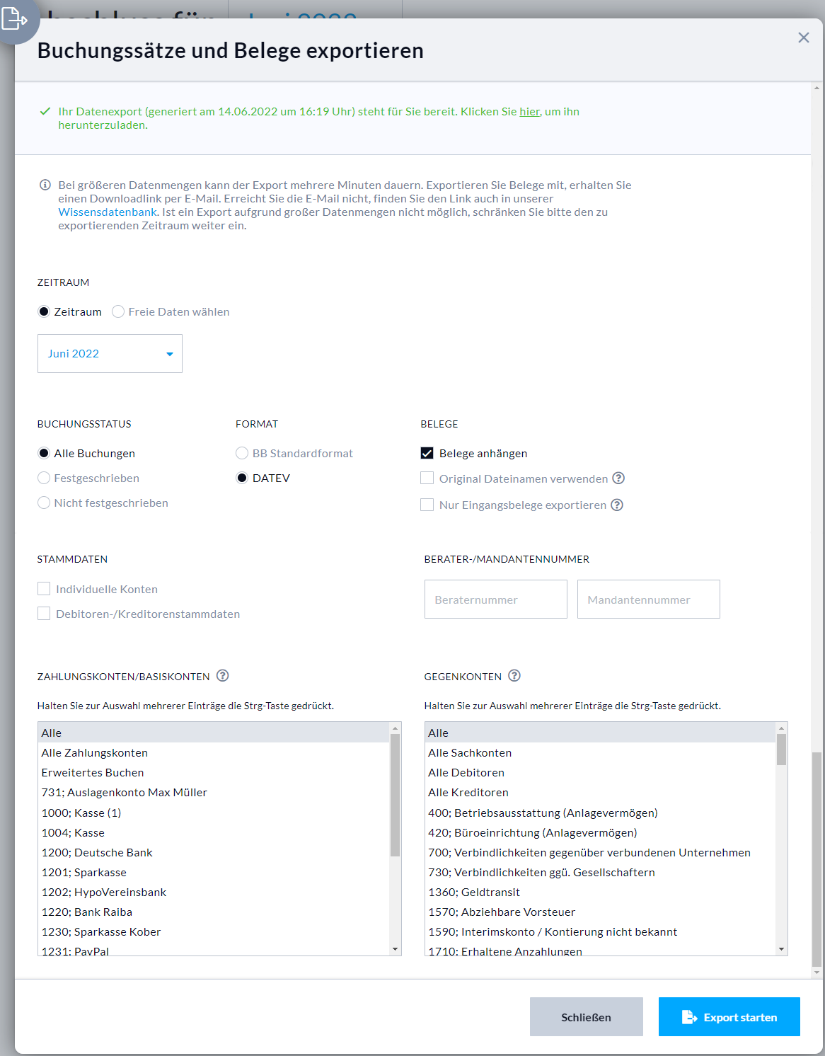 Konfiguration des Exports für Buchungen und Belege in Nuumera