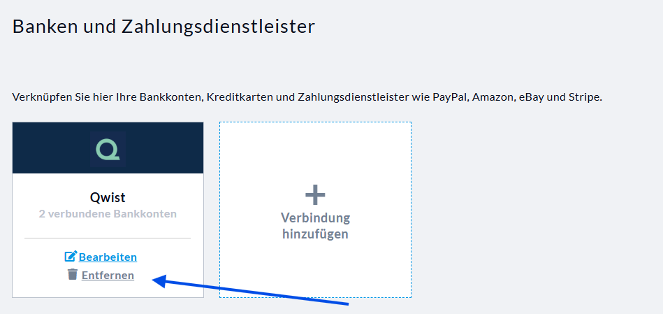 Im Screenshot sehen Sie die Ansicht der Einstellungen in Ihrem Nuumera-Account. Unter Banken und Zahlungsdienstleiser sind die angebundenen Schnittstellen gelistet. Mit einem Pfeil wurde markiert an welcher Stelle die Schnittstelle entfernt werden kann.