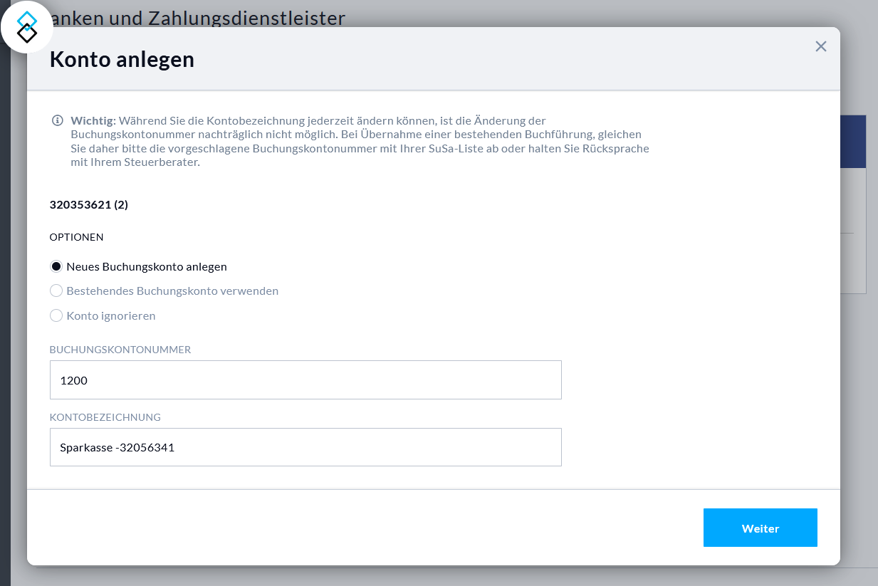 Hier sehen Sie im Prozess der Bankenanbindung über finAPI in Nuumera das Fenster, wo Sie die Buchungskontonummer für das entsprechende Bankkonto festlegen können.