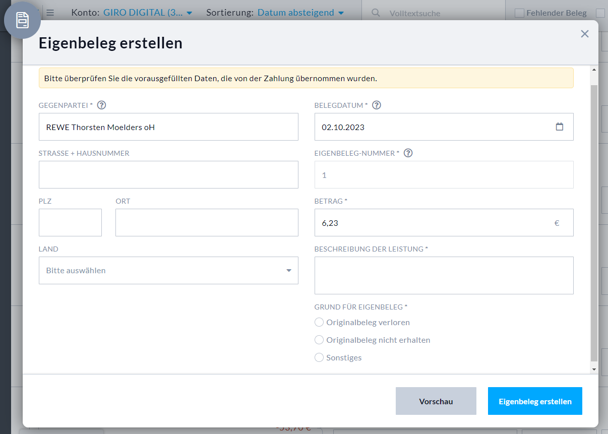 Eingabemaske Eigenbeleg