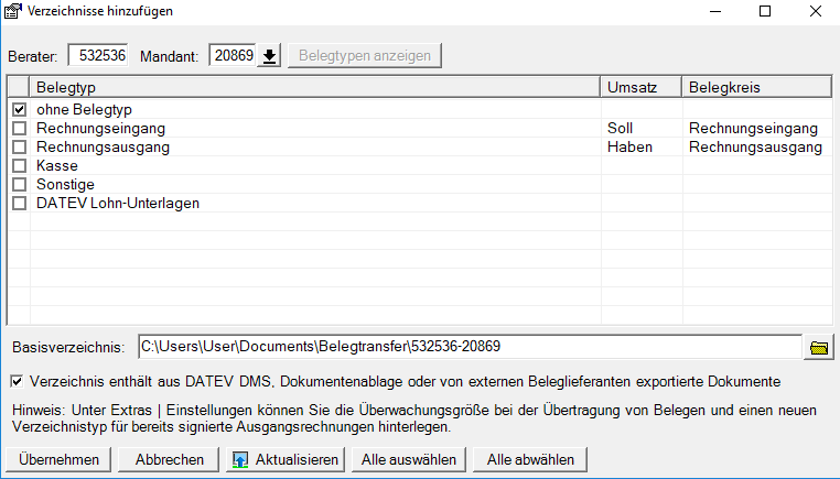 Verzeichnis im DATEV Belegtransfer für Nuumera-Daten hinzufügen